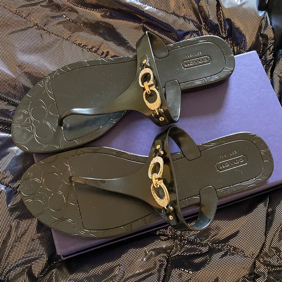 Coach Black Logo Crystal Logo Jelly Flip Flops - Picture 12 of 16
